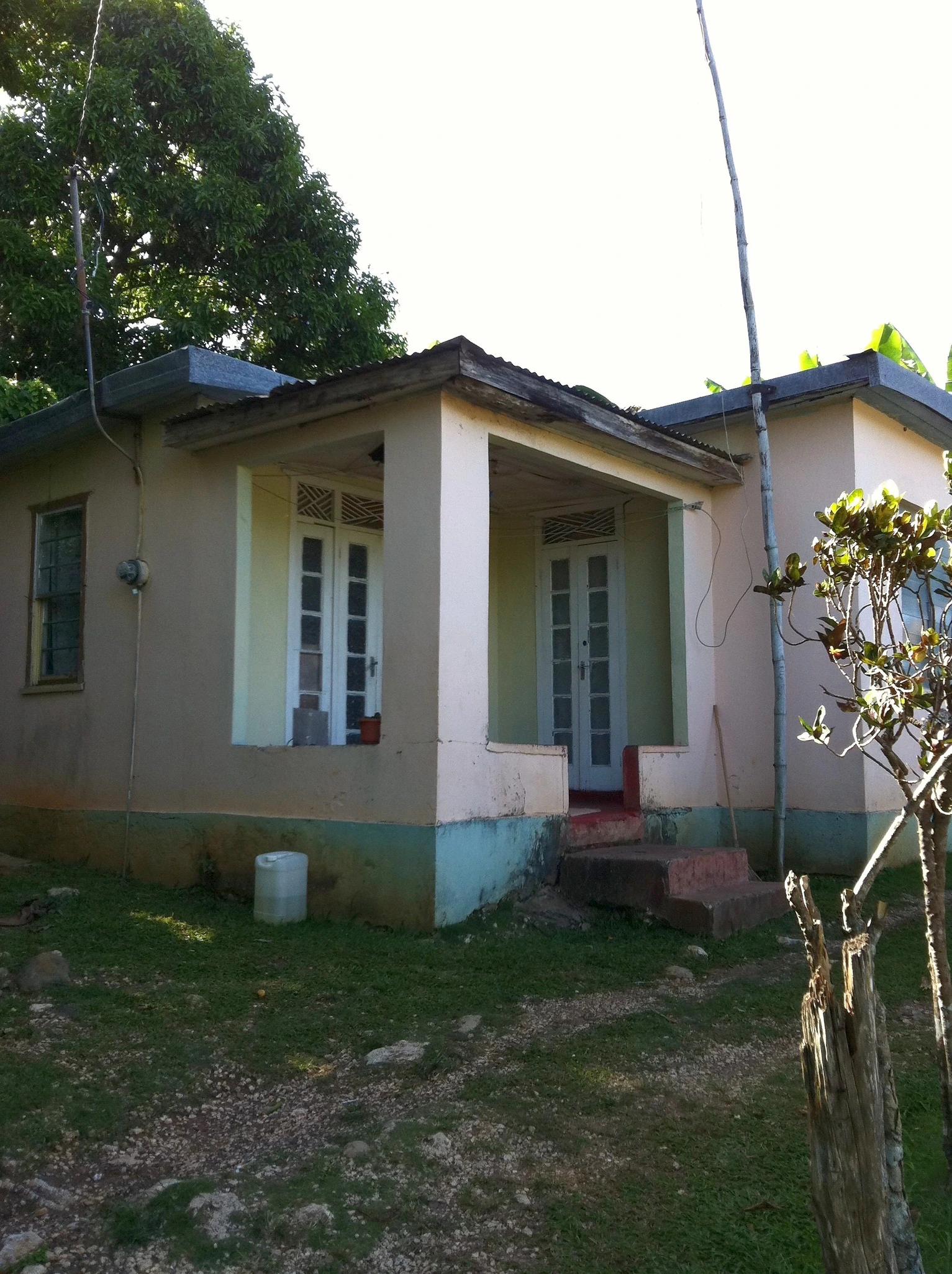The founder’s childhood home in Kellits, Clarendon: a cream house with a green veranda, blue base and red concrete steps, surrounded by trees.